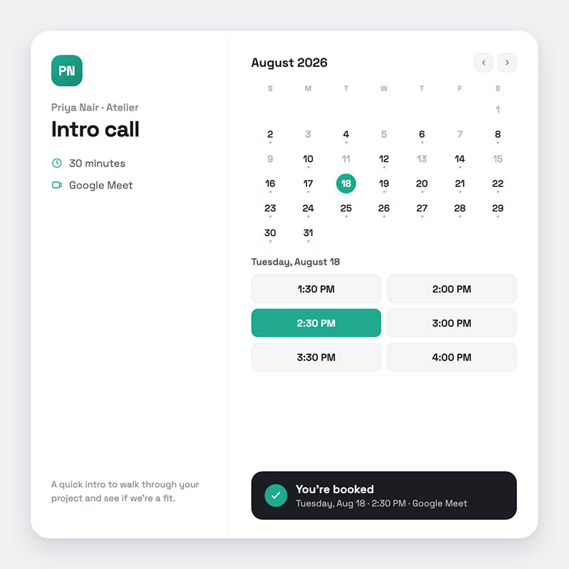 A meeting booking page with a calendar and time slots
