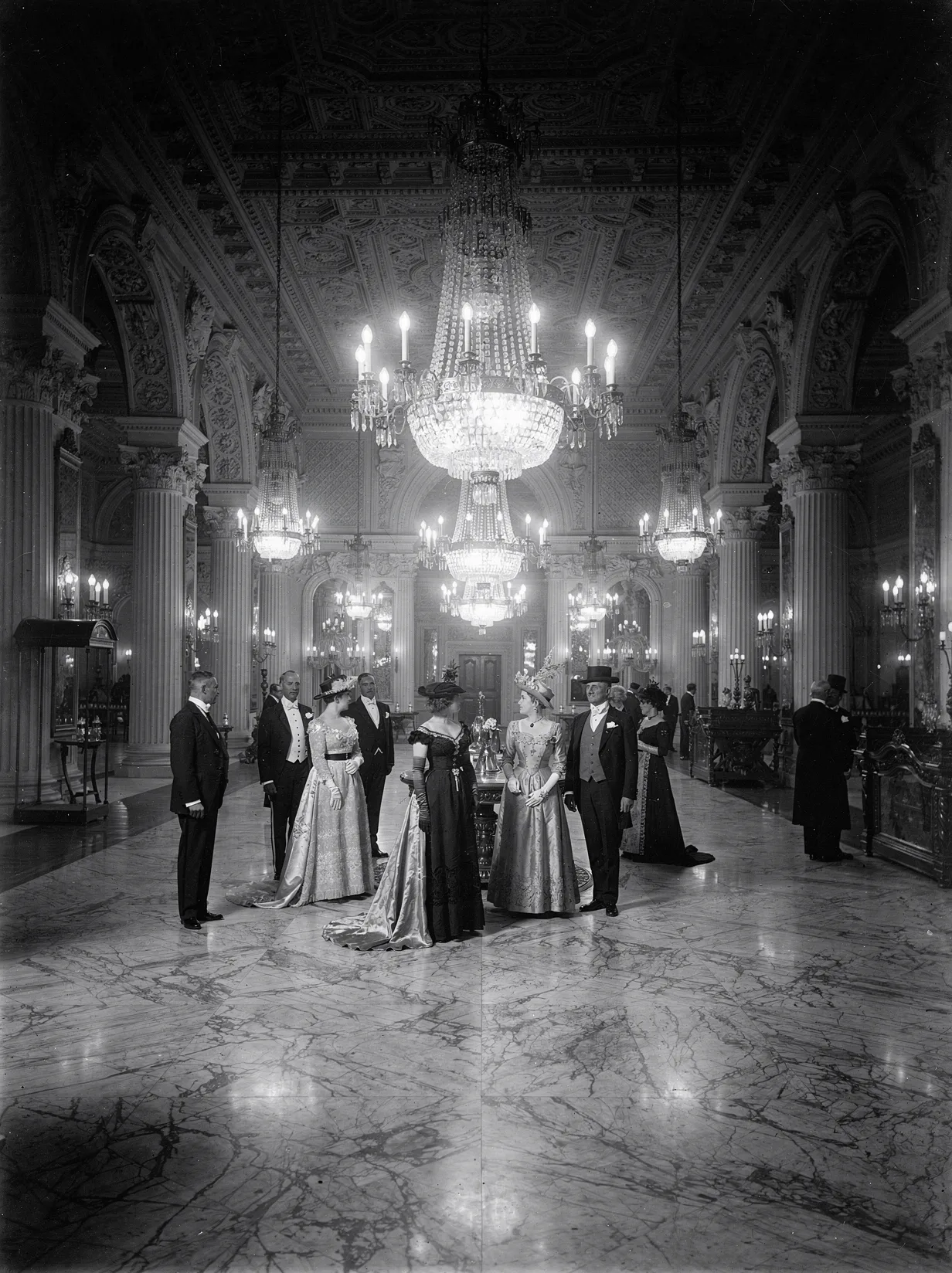 An opulent Victorian-era parlor lit by chandelier